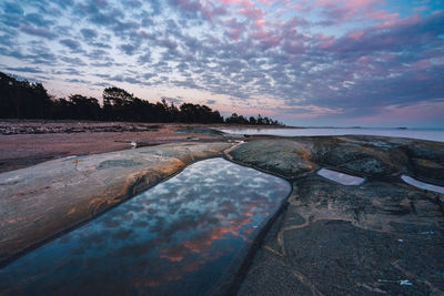 Rocks by sea against sky during sunset