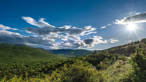 Scenic view of landscape against bright sun