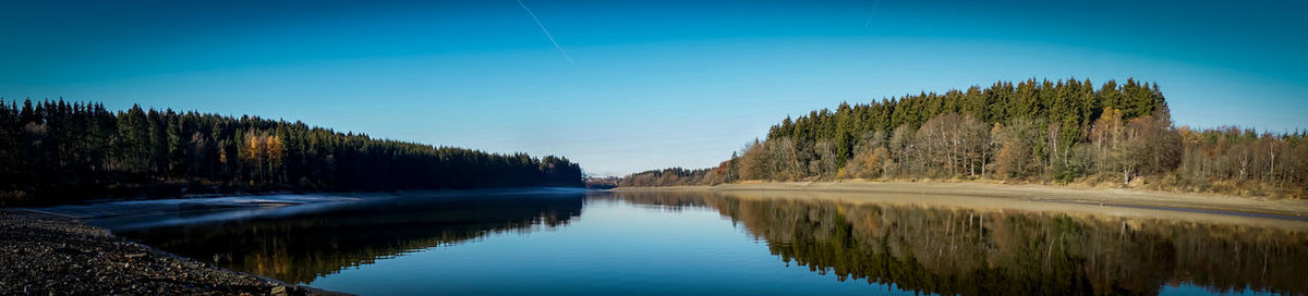 Scenic view of lake in forest against clear blue sky