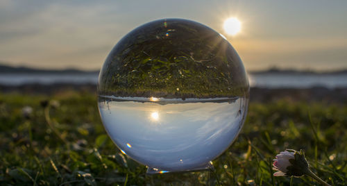 Close-up of crystal ball on glass