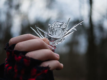 Close-up of hand holding ice crystal in shape of rose flower