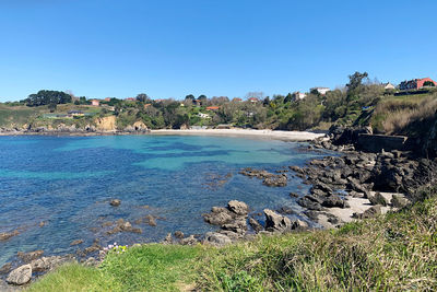 Scenic view of sea against clear blue sky