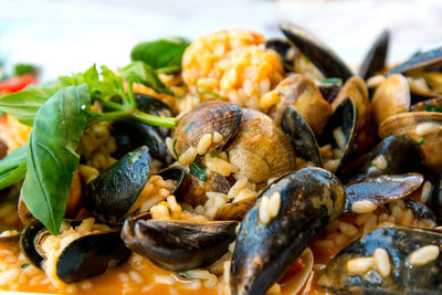 Close-up of mussels with risotto served