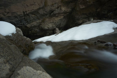 Close-up of snow on rock formation