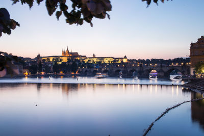 Reflection of buildings in city at dusk