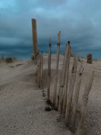 Wooden posts on beach against sky