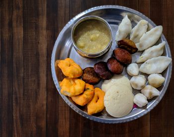 High angle view of food in plate on table