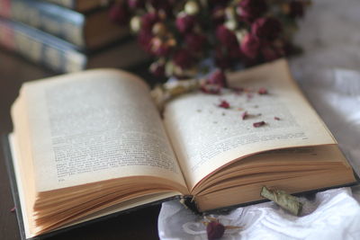 High angle view of text on open book