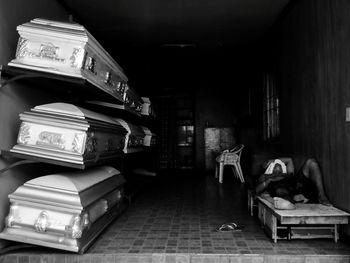 Coffins in row at the corridor