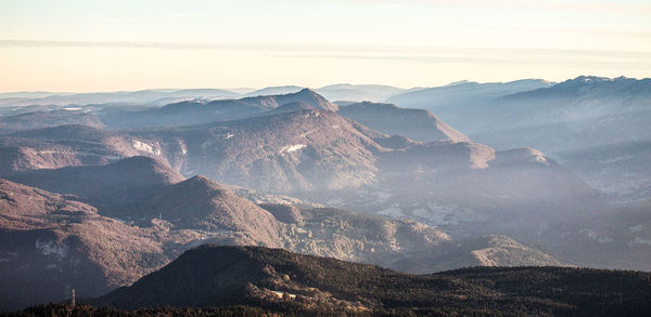 Aerial view of mountain range against sky