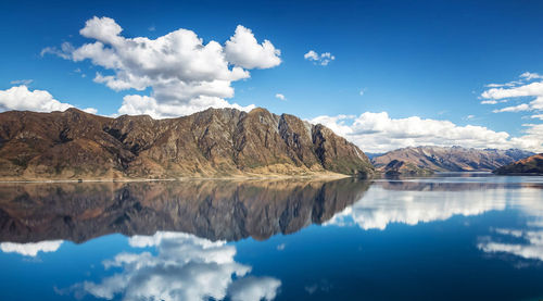 Scenic view of lake and mountains against sky