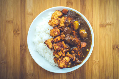 High angle view of food served on table