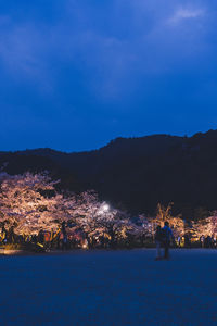 Rear view of illuminated cityscape against sky at night