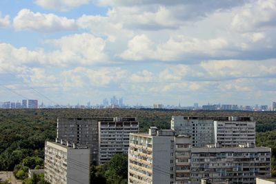 High angle view of buildings against sky