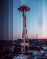 Time slice photo of the space needle against sky during sunrise