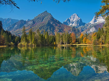 Rocky mountains and trees reflecting in lake