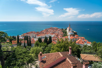 High angle view of buildings by sea against sky