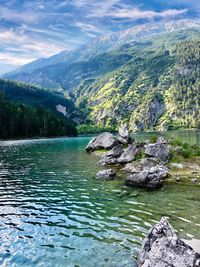 Scenic view of lake and mountains