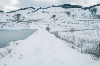 Snow covered landscape against sky