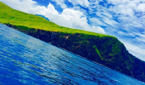 Scenic view of mountains against blue sky