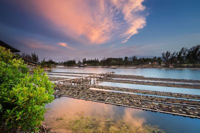 Scenic view of lake against sky at sunset