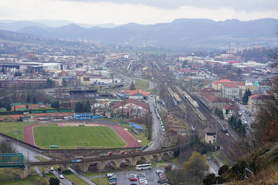 High angle view of buildings in city