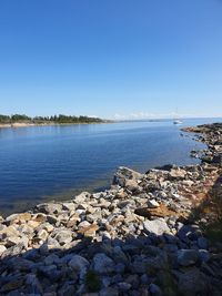 Scenic view of sea against clear blue sky