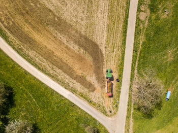 High angle view of road amidst field