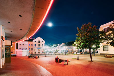 Rear view of people walking on street at night