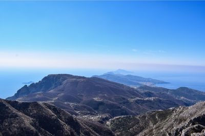 Scenic view of mountains against clear blue sky