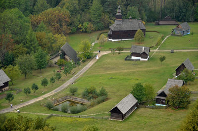 High angle view of trees and houses on field