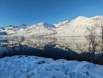 Scenic view of snowcapped mountains against clear blue sky