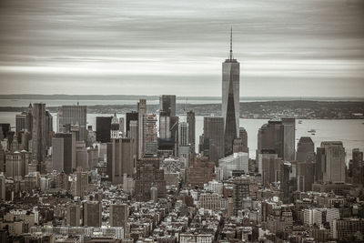 City skyline with sea in background