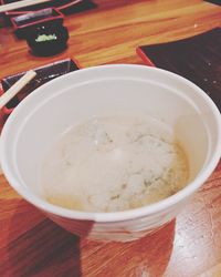 High angle view of soup in bowl on table