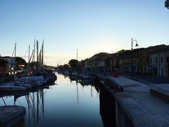 Sailboats moored at harbor against clear sky