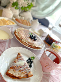 High angle view of breakfast on table