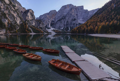 Scenic view of lake and mountains against sky at lago di braies in dolomites mountains 