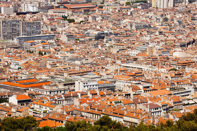 High angle view of buildings in city