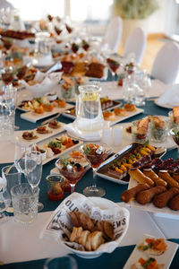 High angle view of food served on table