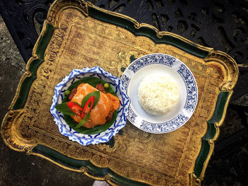 High angle view of breakfast served on table