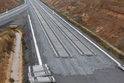 High angle view of highway by street in city