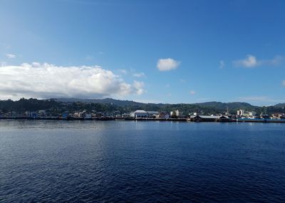 Scenic view of sea by city against sky