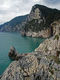 Rock formations by sea against sky