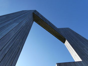 Low angle view of modern building against clear blue sky