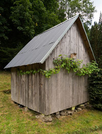 Wooden house on field by trees against building