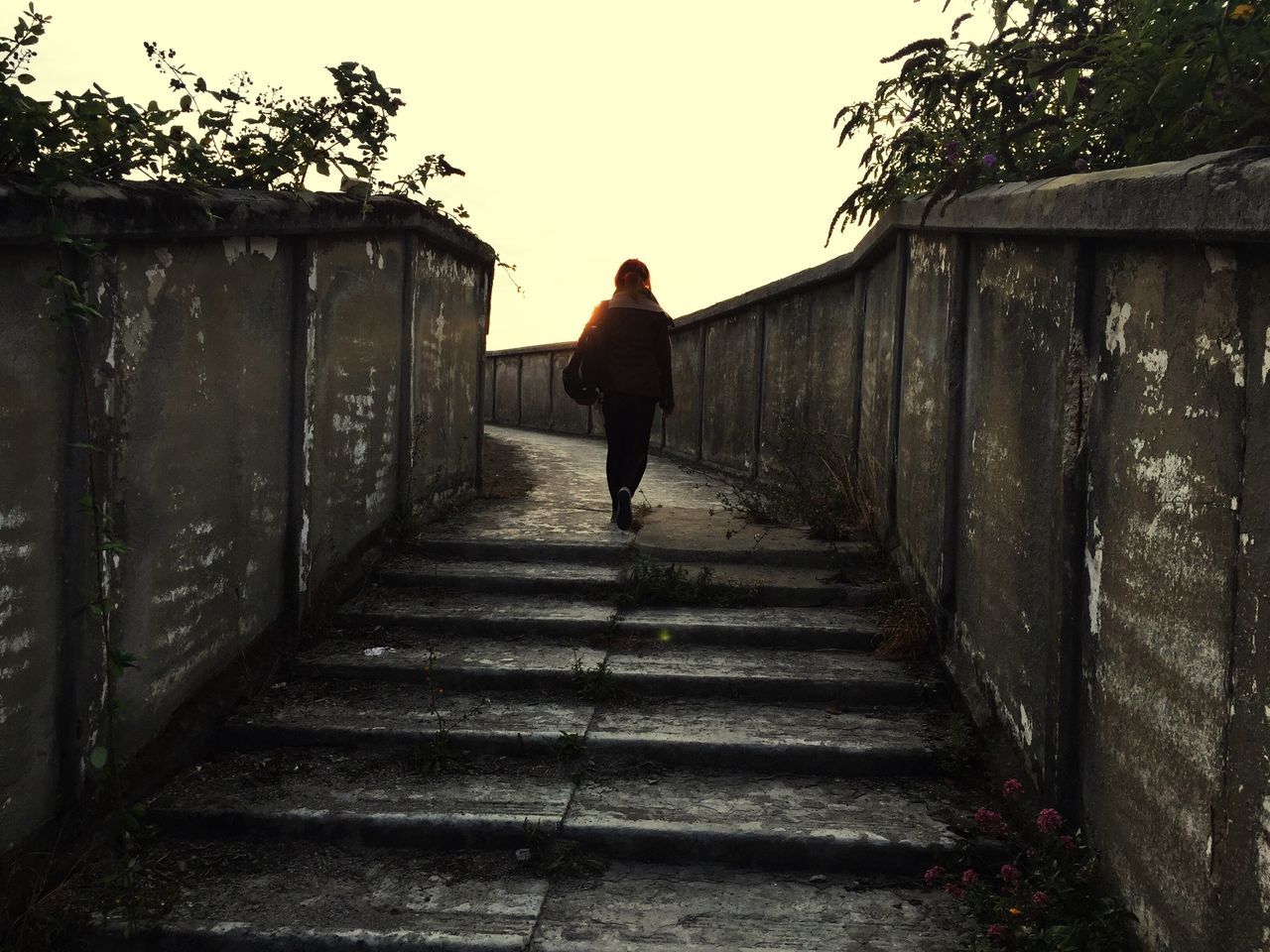 full length, rear view, walking, the way forward, lifestyles, built structure, architecture, casual clothing, leisure activity, building exterior, standing, steps, men, clear sky, day, diminishing perspective, sky, person