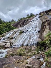 Scenic view of waterfall against sky