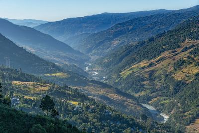 High angle view of valley against sky