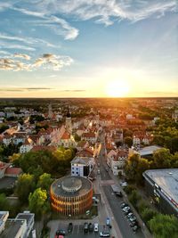 High angle view of townscape against sky during sunset