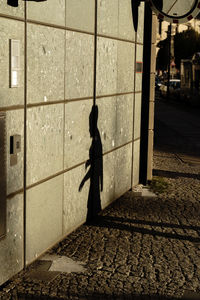 Shadow of person walking on street by footpath